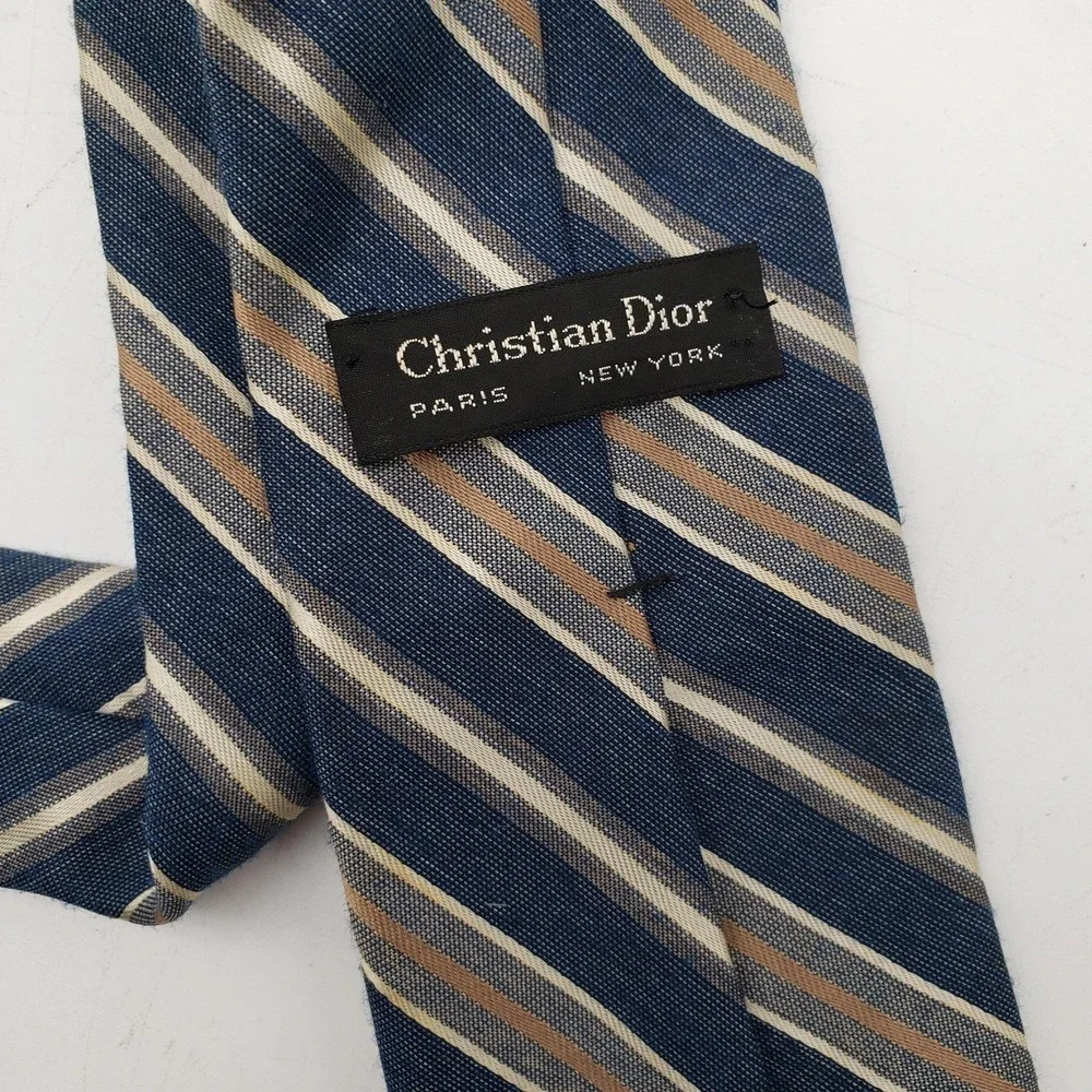 Christian Dior Tie‎ Mens One Size Blue Striped Woven Logo Designer Short Classic